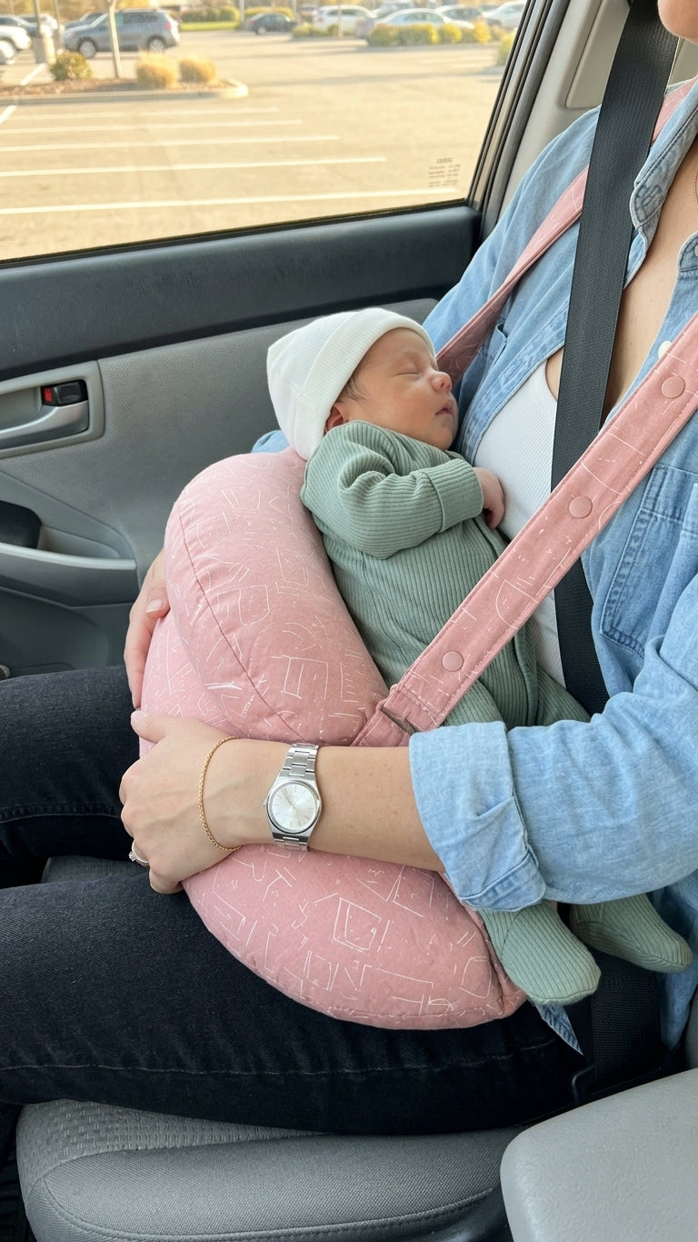 Mom holding her newborn with the EaseMama Nursing Support in a parked car