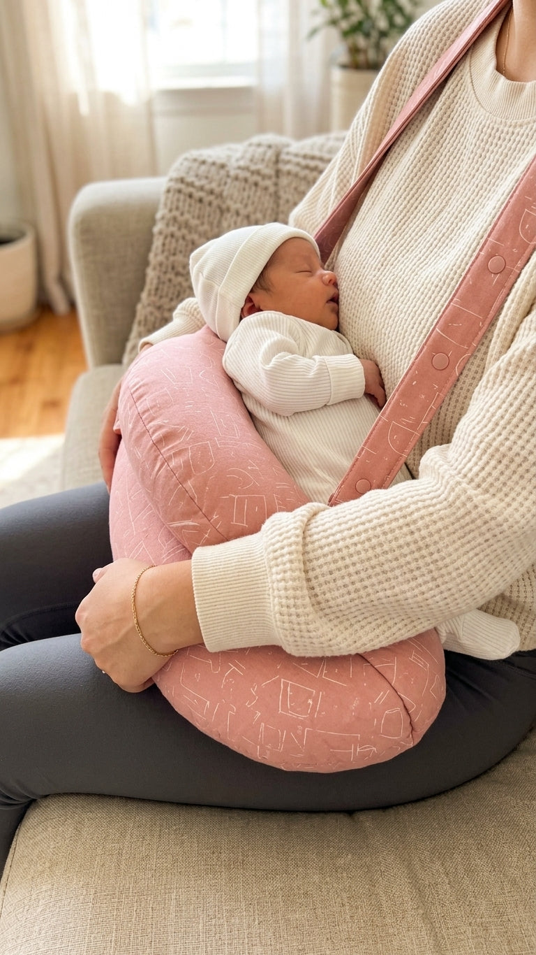Mom holding her newborn with the EaseMama Nursing Support on the sofa