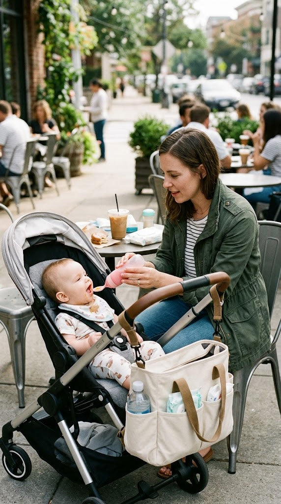 Mom feeding baby in a stroller at a cafe with the EaseMama squeeze feeding spoon