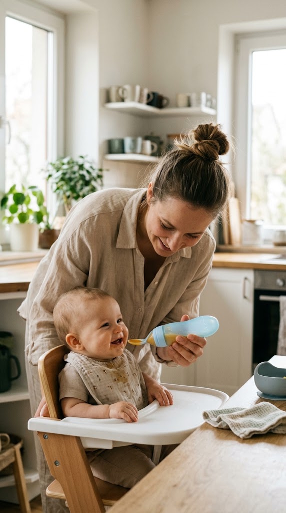 Mom feeding smiling baby in a high chair with the EaseMama squeeze feeding spoon