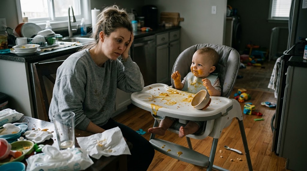Tired mom next to a messy high chair after mealtime
